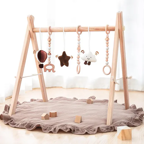 Miniatura 2 de Razee Alfombra de madera para jugar al gimnasio, gimnasio plegable para bebés con 6 juguetes sensoriales colgantes para regalo de despedida