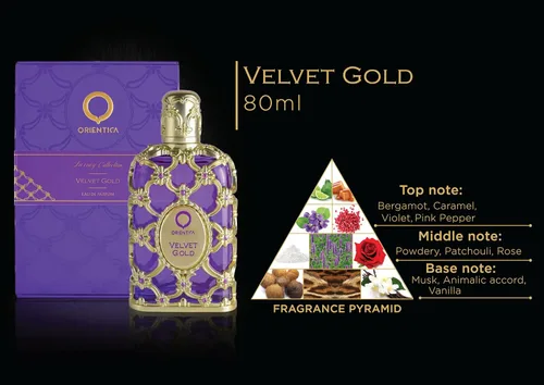 Miniatura 5 de Orientica Colección de Lujo Velvet Gold Eau De Parfum – Vainilla, Bergamota, Gourmand, Caramelo, Violeta, Pachulí, Rosa, Almizcle, Animal, Ámbar