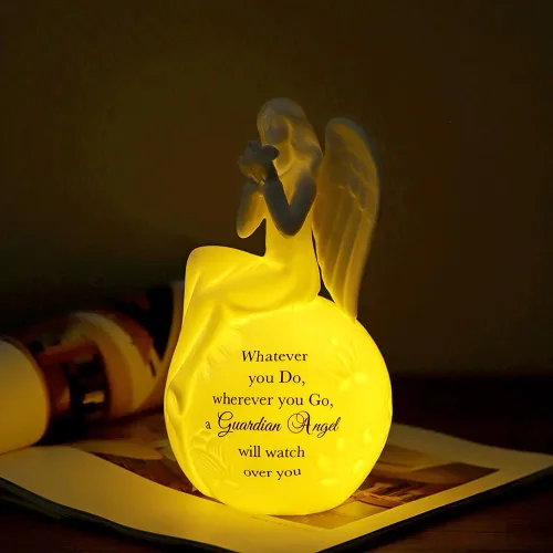 Luz Nocturna de Cerámica Ángel Guardián – Lámpara Figurina de Ángel Orando con Mensaje Inspiracional – Regalo Conmemorativo con Luz LED para