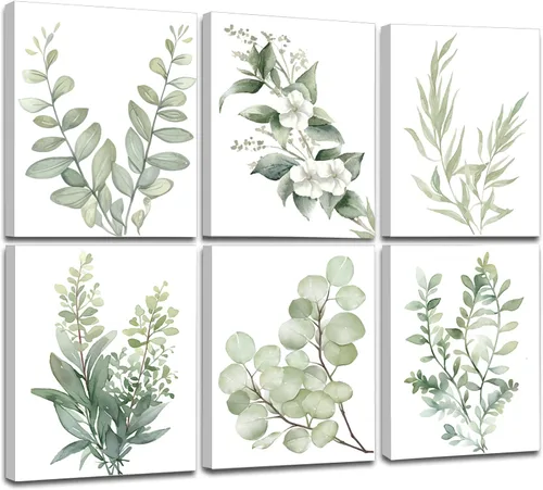 Induslyfe Arte de pared en lienzo enmarcado de plantas botánicas de eucalipto verde salvia, juego de 6, impresiones de arte de pared de naturaleza,