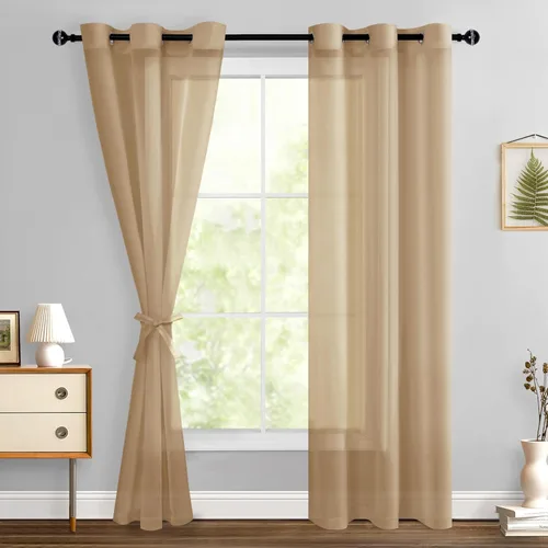 Miniatura 59 de Hiasan - Cortinas traslúcidas de gasa cortas semitransparentes con ojales y alzapaños filtrantes de luz para ventana, dormitorio, baño, 2 paneles