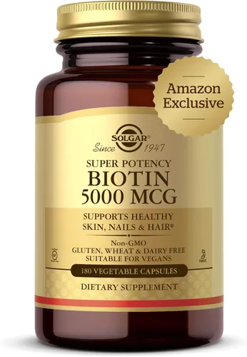Solgar Biotin 5000 mcg - Apoya la piel, las uñas y el cabello saludables - Apoya la producción de energía y el metabolismo - Vitamina B - Sin OMG,