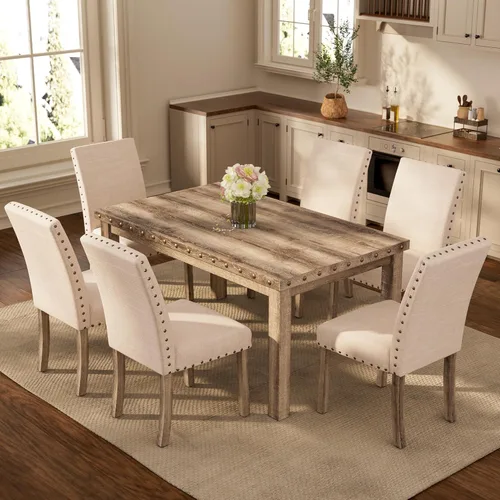 Morden Fort Juego de mesa de comedor rústica para 6, sillas de comedor de cocina de granja para 6, encantadora mesa rectangular de madera de 60" y 6