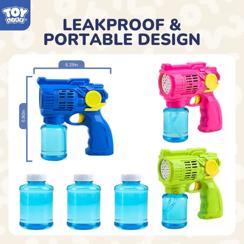 Miniatura 6 de TOY Life Paquete de 3 pistolas de burbujas para niños, soplador automático de burbujas, a prueba de fugas y ligeras, juguetes de verano al aire
