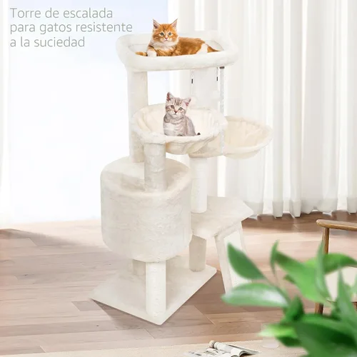 Miniatura 4 de Wang Xin Árbol para Gatos de Tres Capas con Casita para Gatos, Almohadilla para Rascar y Dos Hamacas, Beige