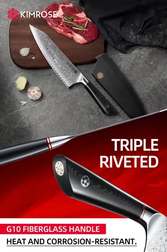 Miniatura 5 de KIMROSE Cuchillo de chef de Damasco, 8 pulgadas, acero de aleación de alto carbono, mango G10, funda magnética, cuchillo de cocina afilado