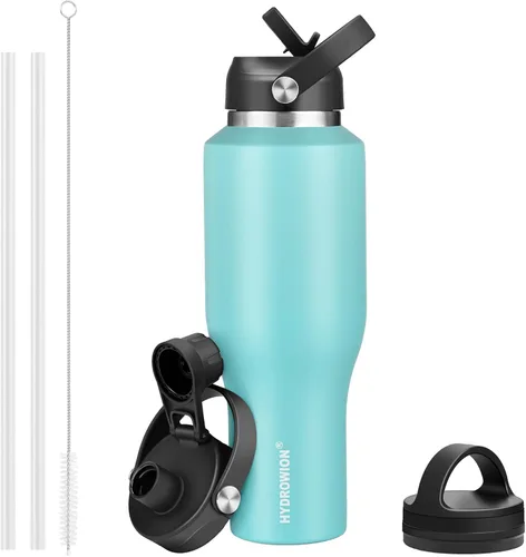 Miniatura 27 de HYDROWION Botella de agua de acero inoxidable, 32 onzas, boca ancha, doble pared, aislada al vacío, con tapa de pajilla, tapa de boquilla y tapa