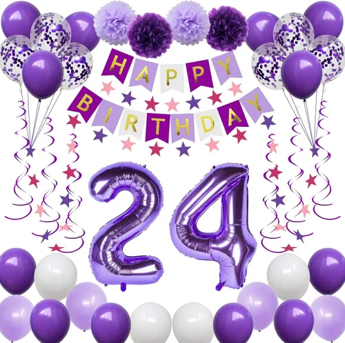 Miniatura 9 de Decoraciones de cumpleaños número 10 para niñas, globos morados de feliz cumpleaños, pancarta, globos de números, serpentinas de estrellas