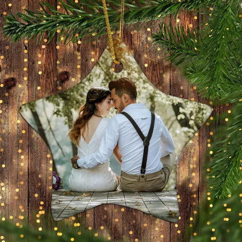 Design You Own Adorno personalizado con forma de estrella, adorno de cerámica para árbol de Navidad, colgante de porcelana con cuerda dorada para