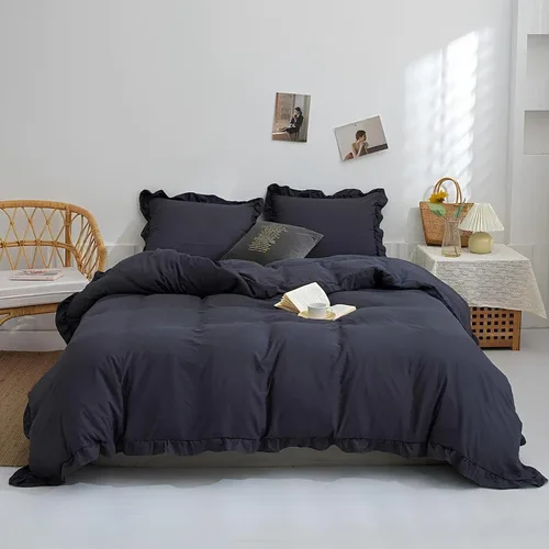 Miniatura 2 de INDACORIFY Juego de funda de edredón de algodón con volantes, color azul oscuro, funda de edredón con volantes, tamaño King, juego de ropa de cama