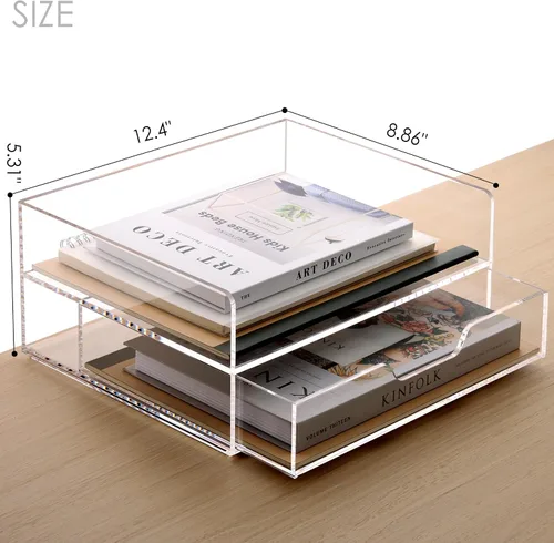 Miniatura 2 de SANRUI Organizador de Bandeja de Cartas de 2 Niveles con Cajón Deslizante, Organizador de Escritorio Apilable, Bandeja de Papel de Acrílico