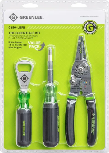 Greenlee, 0159-LBFB, kit de herramientas para electricista de 3 piezas con pelacables de acero inoxidable, cortador/engarzador, destornillador