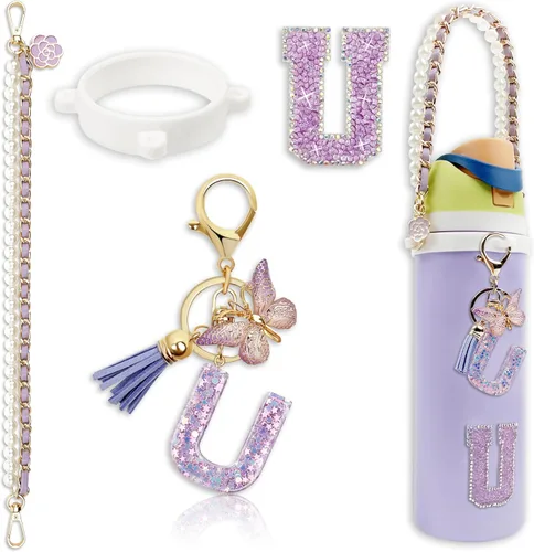 Miniatura 33 de Letter Handle Strap Accessories with Cute Initial Charm Compatible with Owala Water Bottle 24oz 32oz 40oz Owala Kids Púrpura