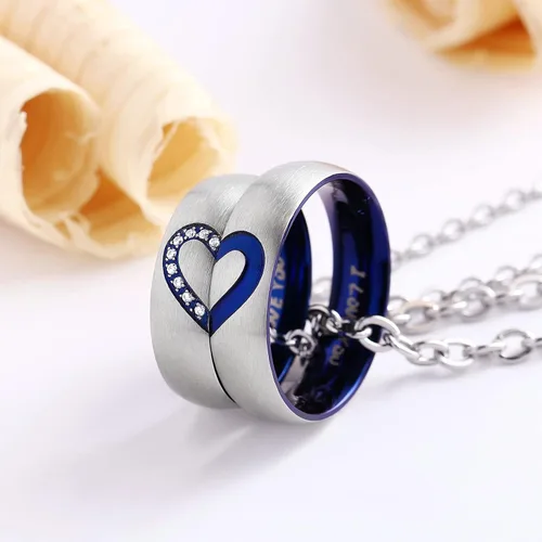 Miniatura 6 de Anillos de promesa para parejas, para él y para ella, juego de anillos de boda con texto en inglés "I Love You" grabado a juego con corazón azul