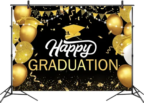 Miniatura 3 de Telón de fondo de graduación de 5 x 3 pies para sesión de fotos, globos negros y dorados de la clase de 2024, felicitaciones, fiesta de graduación