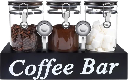 WYTAOHZL 3 recipientes de café de vidrio con estante, organizador de estación de café de 54 oz, almacenamiento de granos de vidrio con cuchara,