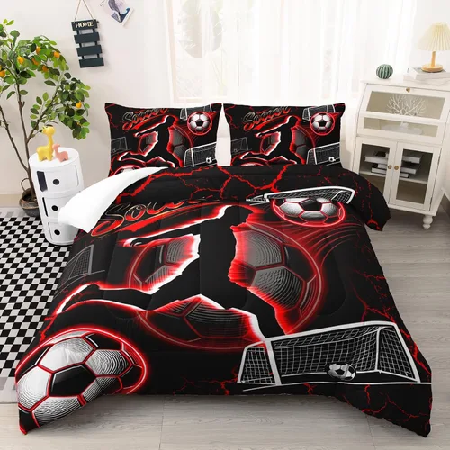 Miniatura 11 de AILONEN Football Themed Children's Double Three piece Bedding Set, Boys' Sports Printed Duvet Cover, Blue Orange Sports Blanket, 2 Pillowcases