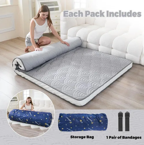 Miniatura 3 de Zelladorra Colchón japonés para suelo, colchón de futón acolchado con parte inferior antideslizante, cama de piso plegable con bolsa