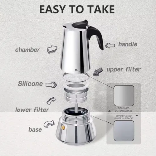 Miniatura 2 de SEQ - Olla de acero inoxidable Moka de 6 tazas, cafetera italiana, cafetera espresso de 10 onzas, para estufas eléctricas y halógenas de gas