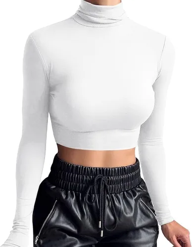 Miniatura 2 de LCNBA Camiseta corta de manga larga para mujer, cuello alto, sexy, básica, recortada