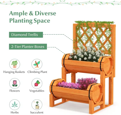 Miniatura 5 de S AFSTAR Cama de jardín elevada de 2 niveles con enrejado, maceta de madera con enrejado de diamante, maceta elevada para plantas trepadoras de vid