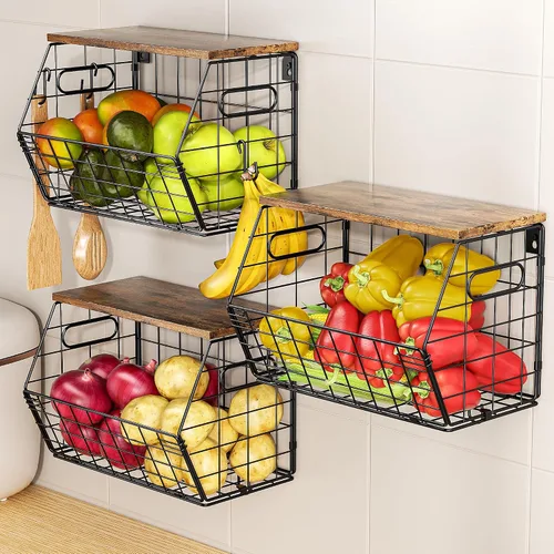 Miniatura 9 de Delamu Cesta de frutas apilable de metal con tapa de madera, paquete de 2, organizador de pared colgante para encimera de cocina, almacenamiento