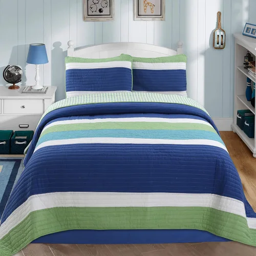 Miniatura 20 de Cozy Line Home Fashions Juego de ropa de cama acolchada reversible para niño de 100% algodón a rayas azul marino, colcha cubrecama para todas
