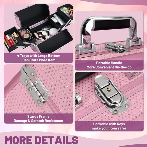 Miniatura 5 de Estuche de tren de maquillaje, estuche organizador de cosméticos, caja de maquillaje portátil, estuche de viaje para artistas de maquillaje con 4