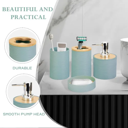 Miniatura 4 de Juego de accesorios de baño de bambú de 4 piezas, juego de accesorios de baño con dispensador de jabón y soporte para cepillos de dientes, jabonera