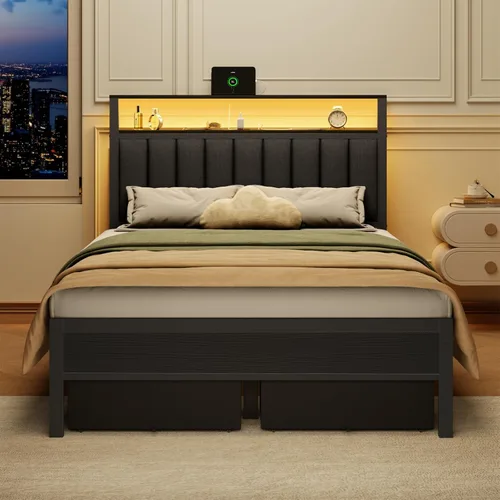 Miniatura 6 de Furnulem Marco de cama tamaño matrimonial con estación de carga y luces LED, cabecero tapizado en gris con estantes, cama de plataforma de metal