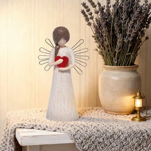 Miniatura 4 de Hodao Figura de ángel con corazón rojo, aspecto tallado en madera de resina de 5.1 pulgadas con alas de alambre de metal, decoración