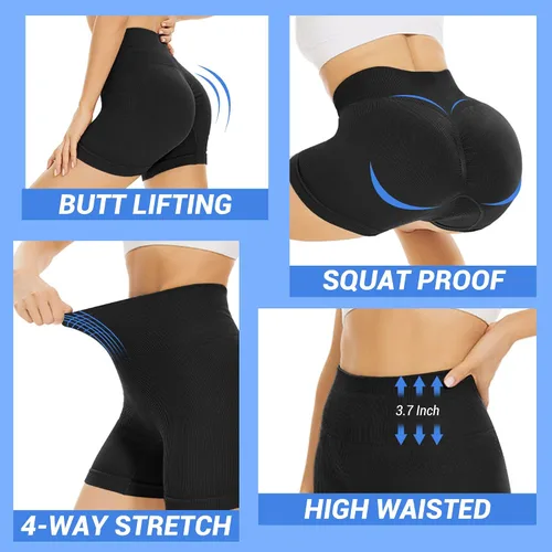 Miniatura 4 de GAYHAY Pantalones cortos de entrenamiento de 3 piezas para mujer, sin costuras, acanalados, con levantamiento de glúteos, cintura alta, pantalones