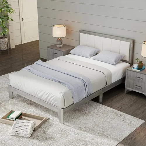 Miniatura 9 de HOMCOM Base de cama de tamaño matrimonial con cabecera tapizada, marco de cama de plataforma con listones de madera, no necesita somier, fácil