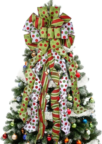 Miniatura 13 de Adorno de lazo grande para punta de árbol de Navidad y corona, lazo con cinta roja de arpillera y borde blanco de poliéster, para hogar, Acción