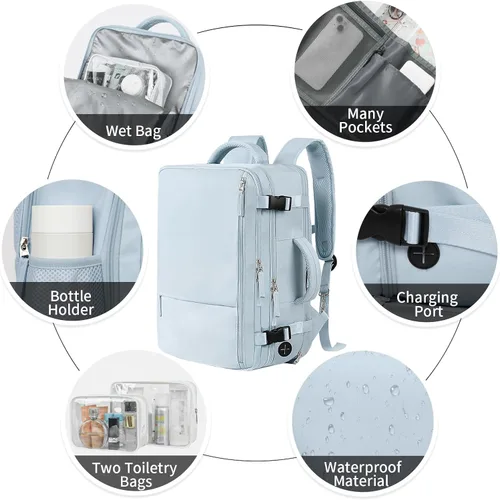 Miniatura 4 de Mochila de viaje de cabina aprobada por aerolíneas Beraliy para hombres y mujeres, Azul-claro, X-Grande, Mochilas de viaje