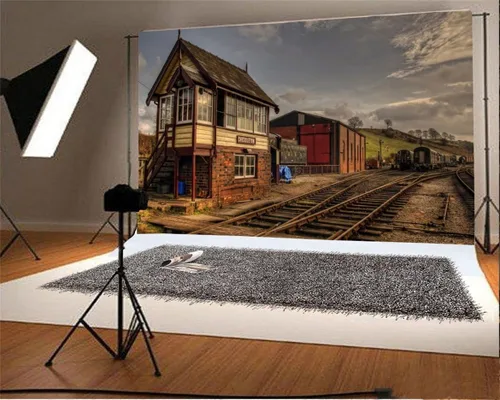 Miniatura 2 de AOFOTO Telón de fondo de pista de tren antiguo de 7 x 5 pies, estilo vintage, estación de tren, fotografía, locomotora, casa de ferrocarril, adulto