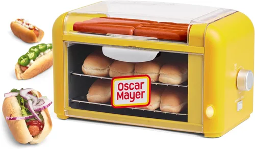 Nostalgia Oscar Mayer - Horno tostador de 8 rodillos y bollos extra grande para encimera, rodillos de acero inoxidable y estantes de calentamiento