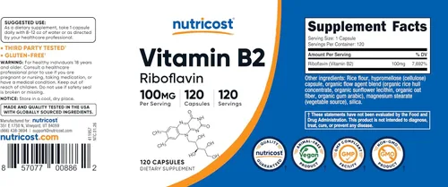 Miniatura 6 de Nutricost Vitamina B2 (Riboflavina) 100mg, 120 Cápsulas - Sin Gluten y Sin OGM