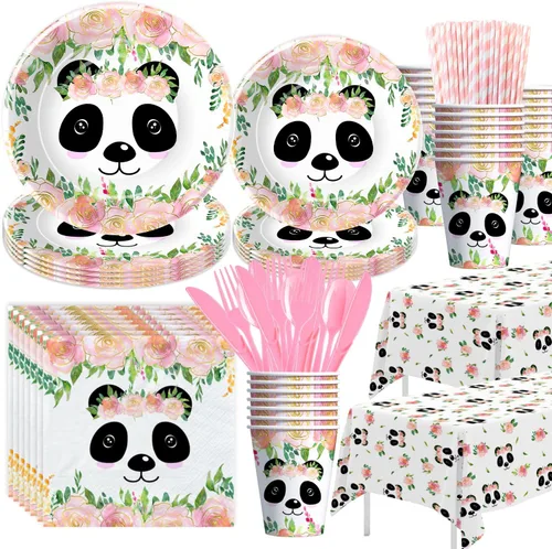 Suministros de fiesta de panda para cumpleaños y baby shower, decoración de fiesta de cumpleaños de panda para niñas, plato de papel, taza,