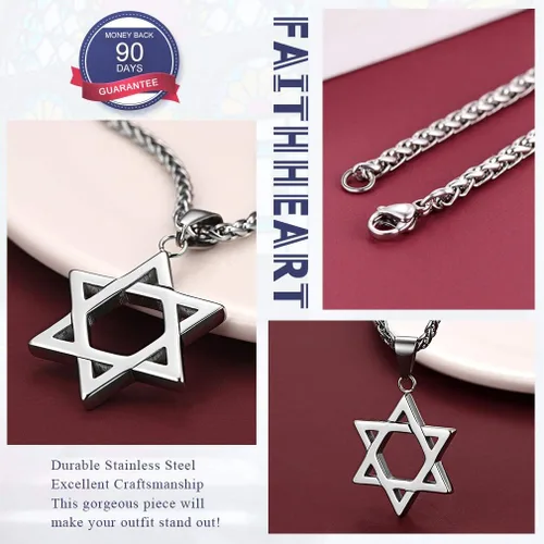Miniatura 4 de FaithHeart Magen David - Collar con colgante de estrella de David de acero inoxidable joyería judía para mujeres y hombres el sello de Salomón