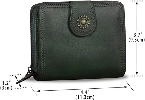 Miniatura 4 de Billeteras de cuero plegables para mujer, estilo vintage, hechas a mano, pequeño, con cremallera, Verdeoscuro, Billetera plegable