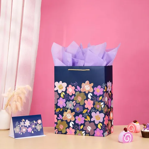 Miniatura 2 de SUNCOLOR Bolsa de regalo floral grande con papel de seda y tarjeta, diseño de flores coloridas, azul profundo, 13 x 10.2 x 4.7 pulgadas, para mujer