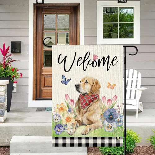 Miniatura 2 de DLZDN Bandera de jardín con diseño floral de mariposa para perro, bandera de jardín de 12 x 18 pulgadas, diseño de búfalo a cuadros de doble cara
