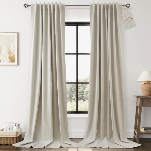 Miniatura 23 de Cortinas de lino 100% opacas para dormitorio, 102 pulgadas de largo, con pestaña trasera, bolsillo para barra, paneles acústicos con aislamiento