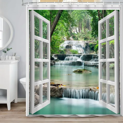 Miniatura 2 de Renaiss Cortina de Ducha de Cascada de Bosque de 72x72 Pulgadas Árbol Verde Agua Lago Selva Tropical Bosque Ventana de Madera Blanca Paisaje Natural