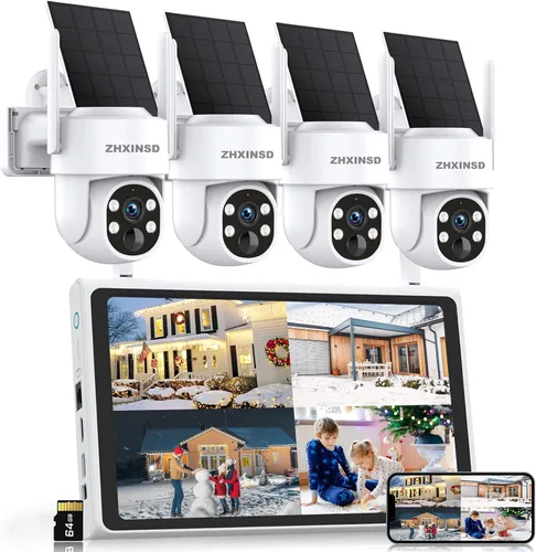 Cámaras de seguridad solares inalámbricas para exteriores, sistema de cámara de seguridad para el hogar con batería FHD de 4 MP con monitor de 10
