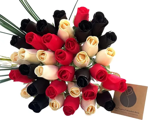 Miniatura 15 de Rojo con puntas negras y ramo de rosas de madera blanca (2 docenas)