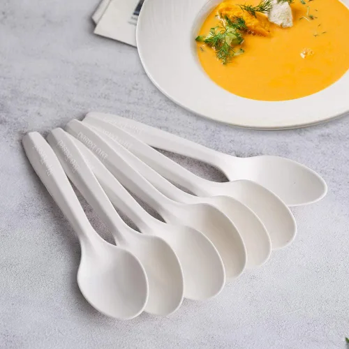 Miniatura 4 de Cucharas compostables ecológicas, 150 cucharas desechables hechas de almidón, utensilios biodegradables duraderos y resistentes al calor, ideales