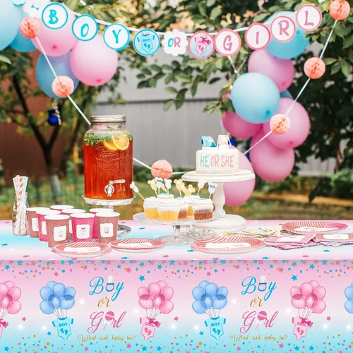 Miniatura 5 de Mixweer 3 piezas de mantel para revelación de género, suministros para fiesta de revelación de género, mantel de plástico impermeable para niños