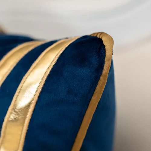 Miniatura 5 de Funda para cojín Alerfa de 18x18 pulgadas, de cuero dorado con rayas, azul marino, lujosa, geométrica, bordada, de terciopelo, decorativa para sofá
